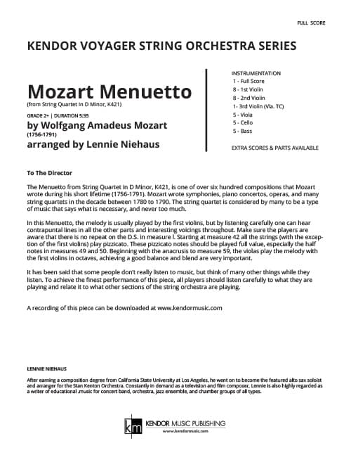 Mozart Menuetto (From String Quartet In D Minor, K421) (Score)